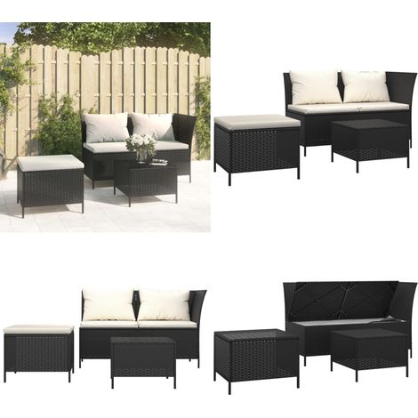 Set Divani da Giardino 3 pz con Cuscini Nero in Polyrattan - Divano angolare - Cuscini da giardino