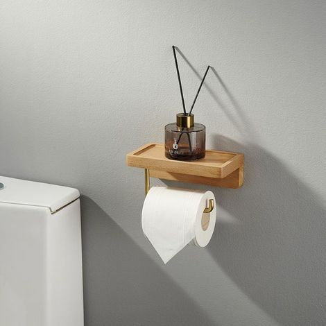 Porte Papier Toilette Mural - Bois - Hêtre - Laiton - Avec étagère intégrée (1/4)