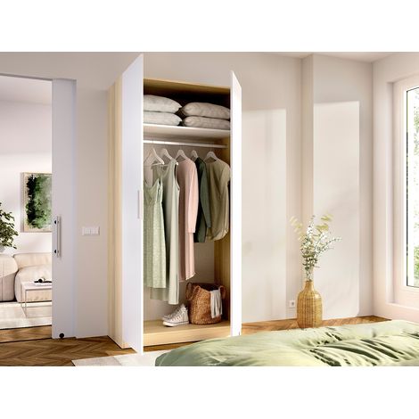 Armoire 2 portes – L91 cm – Blanc et naturel clair - KALONY (1/4)