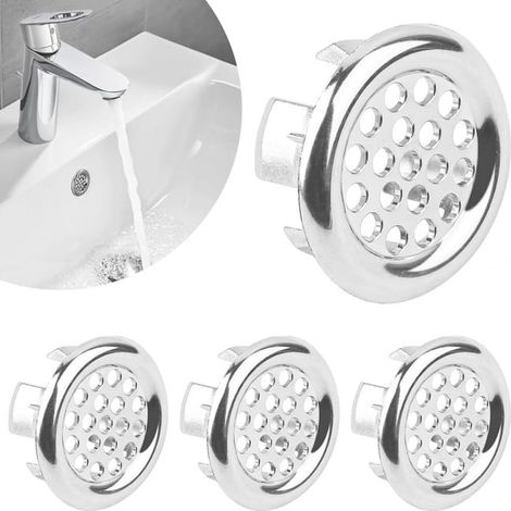 Ensemble de 4 pièces : anneau de trop-plein pour lavabo de salle de bain, bouchon/anneau rond pour lavabo et cache-trou de lavabo. (1/5)