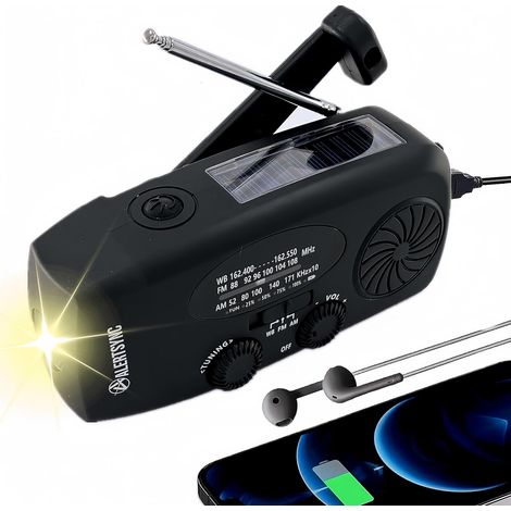 Radio portátil de emergencia con linterna LED - Radio meteorológica portátil AM/FM de 2000 mAh - Carga de teléfonos móviles - Carga USB y solar para camping - 2000 m
