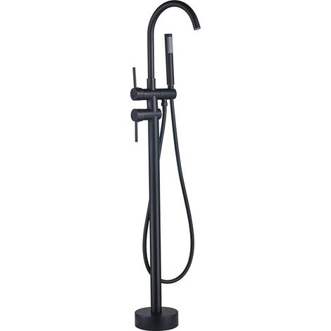 Robinet de Baignoire avec Douchette pour Salle de Bain丨Laiton Baignoire Robinet Mitigeur au Sol丨Autoportant Melangeur Baignoire Îlot Sur Pied avec Poignée丨Noir (1/5)