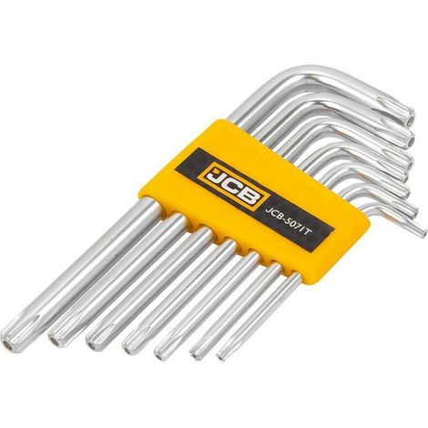 Juego de 7 llaves 5071T TORX JCB, T10-T40, para trabajos exigentes, acero Cr-V, alta resistencia a la corrosión, diseño en "L", mango ergonómico, con orificio para mayor versatilidad.