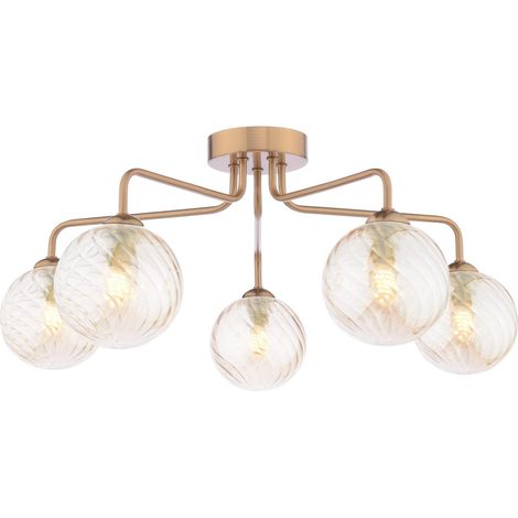 Dar Feya Plafonnier semi-encastré Feya 5 lumières, bronze antique et verre ambré torsadé