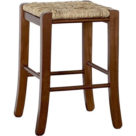 Sgabello in legno h 47 cm con seduta in paglia noce scuro gambe a sciabola