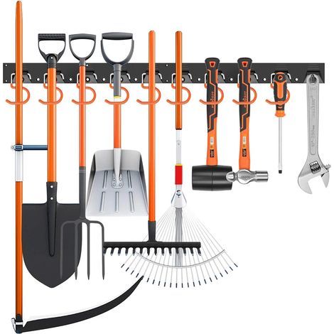 Système de rangement réglable de 64 pouces, organisateur d'outils mural, support pour manches de balai et de serpillière, pelle, râteau, balai, etc. (1/4)