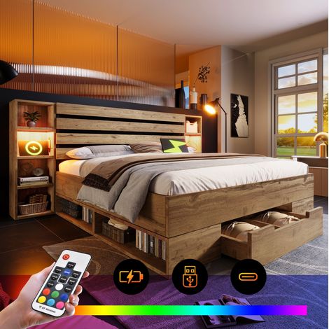 Lit avec tiroirs 180x200 LED USB-C en chêne OKMYHOME (1/5)
