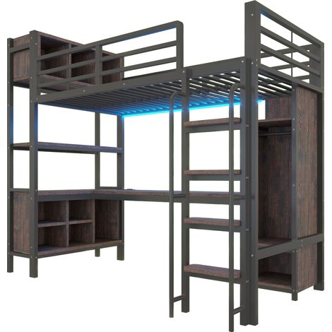 Cama alta 90 x 200 cm con escritorio, armario, estantes, LED y enchufes EU, negra (1/5)