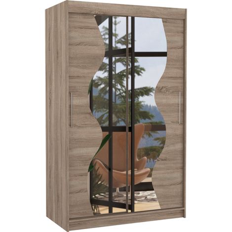 Petite armoire de chambre 2 portes coulissantes bois truffe et miroir Vaguz 120cm (1/5)