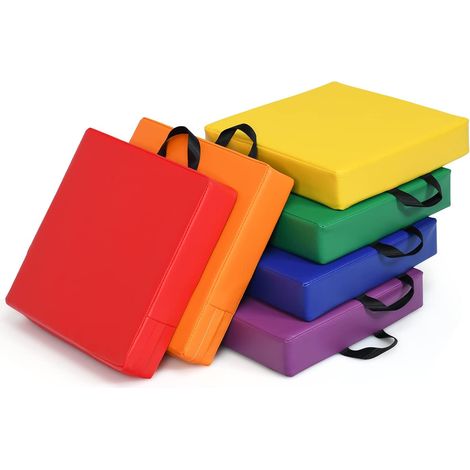 GOPLUS 6 Coussins de Sol en Simili Cuir et Mousse pour Enfants, Coussins de Chaise Multicolore avec Poignée pour Rangement Facile, Convient pour Extérieur et Intéreur (Multicolore Rectangulaire) (1/4)
