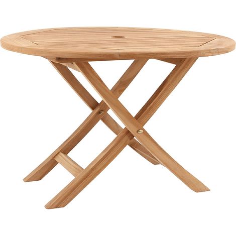 Concept-Usine – Table ronde pliable 120 cm en teck – Pour 4 à 6 personnes – Résistante aux intempéries – Finition brute – Montage facile