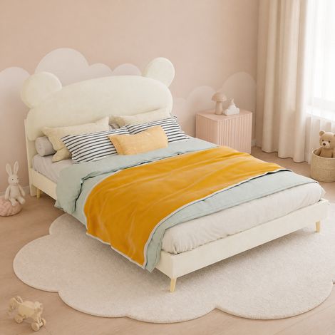 Cama infantil 140x200 cm beige con cabecero orejas de oso, tela y metal, sin colchón MEUBLIV (1/5)