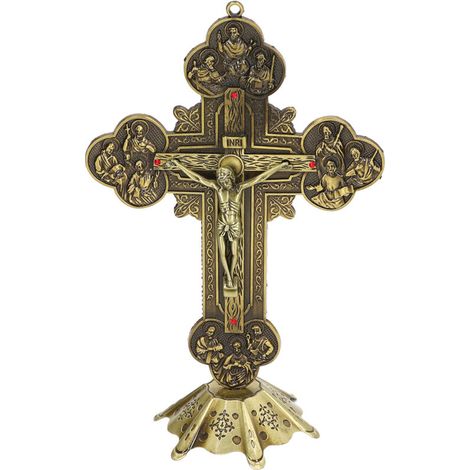 Crocefisso in bronzo con base stabile intarsiata in rosso, stile vintage, elegante decorazione da tavolo in metallo, regalo cattolico (1/5)