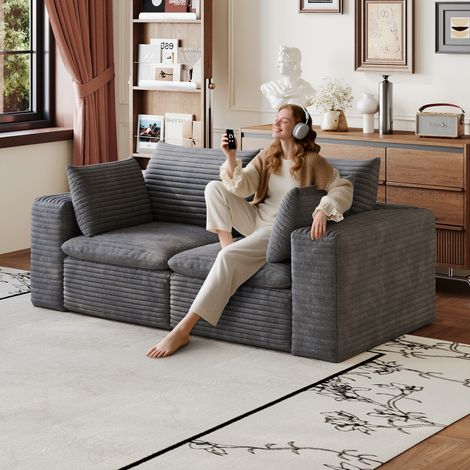 Canapé 180 cm en velours côtelé, style Cloud Sofa, coussins amovibles, sans montage pour salon chambre -Gris foncé (1/5)