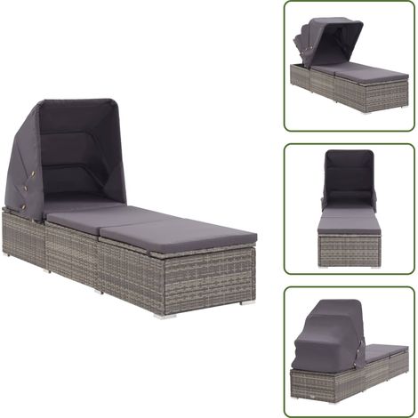 Sonnenliege mit Sonnenschutz und Auflagen Poly Rattan Grau - Sonnenliege - Gartenliege - Relaxliege - Poolliege - Outdoor Möbel (1/5)