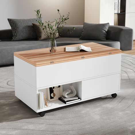 Table basse relevable moderne 4 tiroirs - Plateau extensible blanc bois - 4 roulettes - Salon salle à manger (1/5)