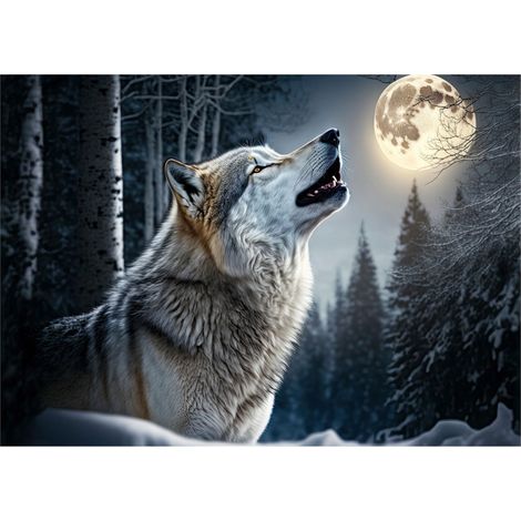 Papier peint panoramique loup forêt lune décoration murale animale – 150 x 105 cm Wallarena (1/4)