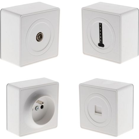 Prise simple en saillie + prise TV Ø9,52 mm + prise téléphone RJ45 + prise téléphone 8 plots - Zenitech