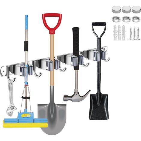 Besenhalter zum Anschrauben – 4 Klemmen + 5 Haken – inklusive Klebstoff – Küche/Bad/Garage
