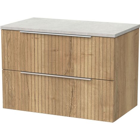 Callingwood Contemporary Wall Hung 2 Drawer Vanity Unit with White Sparkle Laminate Worktop , 800mm, Autumn Oak