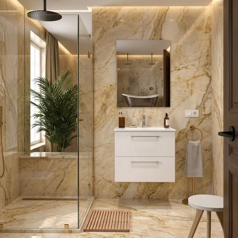 Mobile Bagno Sospeso 60 cm con 2 Cassetti e Lavabo Incluso Bianco Satinato – Reva