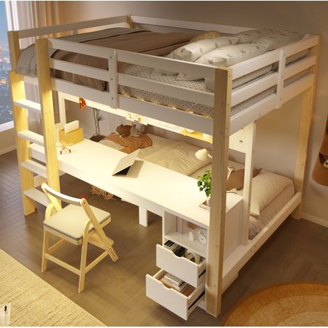 Litera alta 205x151x170 cm con escritorio, cajones, panel perforado y tira LED, madera de pino, blanco y natural (1/5)