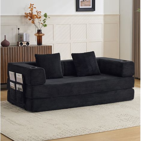 Canapé de sol convertible en lit, velours côtelé noir, 185 x 92,5 x 60 cm, REDOM (1/5)