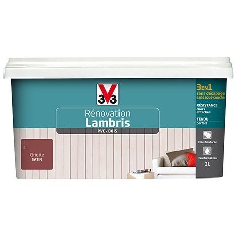 V33 – Peinture acrylique satinée griotte 2 L – Pour lambris PVC et bois – Résistante aux tâches et chocs – Application facile sans décapage (1/3)