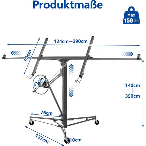 Lève-plaques de plâtre pour la pose de panneaux muraux et de plafonds : capacité de charge 68 kg, hauteur réglable de 140 à 335 cm, pliable, 3 roues avec freins, inclinaison réglable à 60°. (1/4)