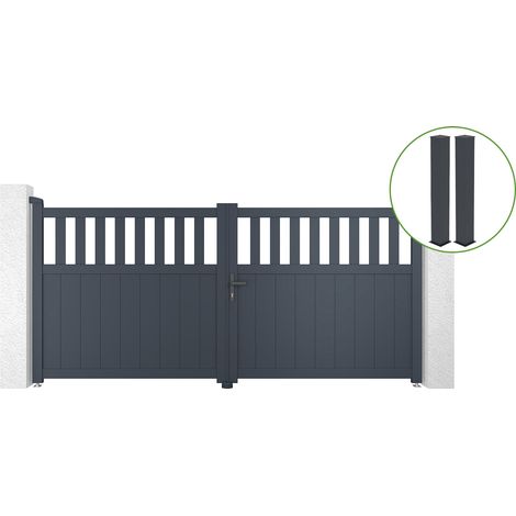 Portail battant 3m SANTIS H.140cm alu gris + 2 poteaux 20x20cm H.166cm (1/5)
