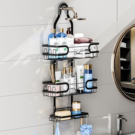 Organisateur de Douche Suspendu à 3 Niveaux en Métal Noir - Rangement pour Tête de Douche, Sans Perçage, avec Crochets et Ventouses, pour Shampoing, Gel Douche et Produits de Beauté (1/3)
