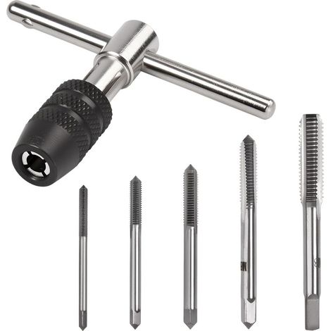 Jeu de tarauds et filières métriques 5 pièces, petits outils à visser métriques, tarauds m3 m4 m5 m6 m8 hss, avec clé à tarauder réglable et boîte de rangement (1/4)