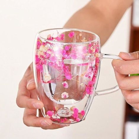 Tasse Café Double Paroi - Verre Fleur Séchée - 350 ml - Avec Anse - Pour Boissons Chaudes Et Froides - Lot De 2 (1/5)