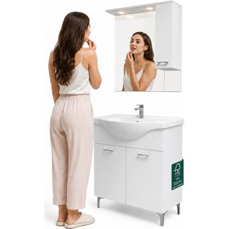 Set Completo Mobile da Bagno da Terra 85 cm con Due Ante Bianco Specchio e Accessori (1/5)