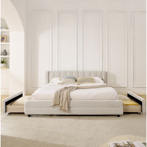 Letto 160x200 cm in Chenille Beige con 4 cassetti, testiera ergonomica e porte USB/USB-C (1/5)