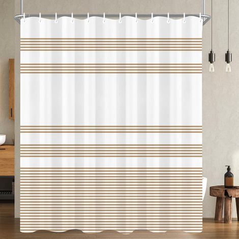 Rideau de douche, 120 x 200 cm, beige, à rayures géométriques, ourlet lesté, anti-moisissure, imperméable, lavable, en polyester, avec 12 œillets et anneaux de rideau de douche, pour salle de (1/5)
