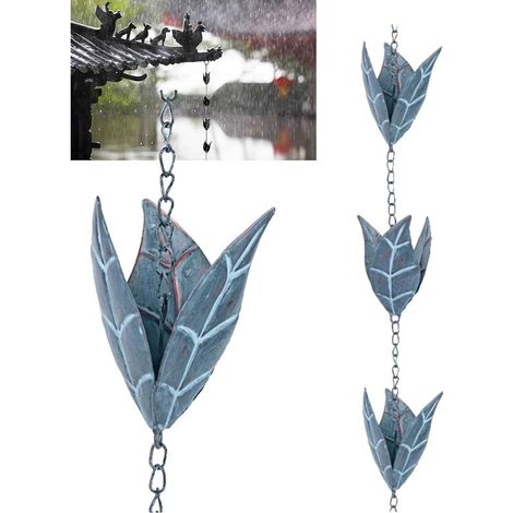 2.6m Chaine de Pluie, Rain Chain, Chaînes de Pluie, Chaine de Pluie pour Gouttiere Rétro en Forme de Feuille de Fer Bleu à Accrocher sur Les Balcons, Les Toits et Les Jardins (1/5)
