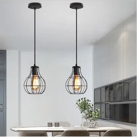 Lot de 2 Lustre Salon Noir Lampe Suspension Luminaire Industrielle en Cage Fer Forge pour Salon Chambre (1/4)