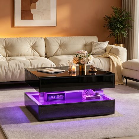 JOOKGBD-Table Basse 78x78x43cm Extensible,Table d'appoint avec Rangement Et LED, 2 Tiroirs,Table Basses Salon Rectangulaire Moderne,Table D'appoint pour Salon Bureau,luxe abordable,Noir