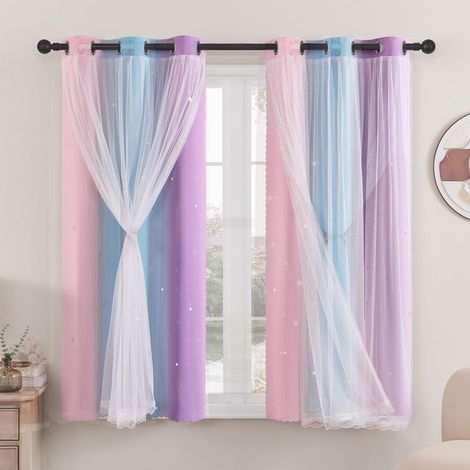 Rideaux Chambre Enfant, Rideaux Occultants avec Tulle Décoratif, Motifs Étoilés, 86x160 CM(Largeur x Hauteur), Rose/Bleu/Violet, 2 Pièces (1/5)