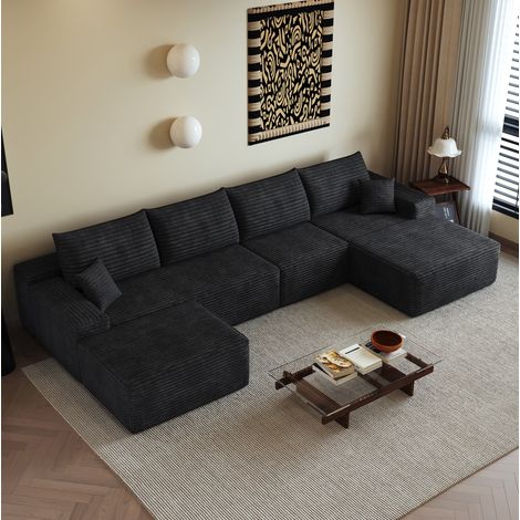 Sofá modular en L 340 cm negro de tela acanalada con chaise longue y sin montaje