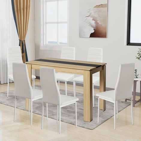 Essgruppe 6 Personen: Esstisch Eiche-Schwarz 110cm mit 6 weißen Kunstleder Hochlehner Stühlen (1/5)
