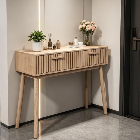 Consolle d'ingresso in legno massello – Credenza in legno naturale – Tavolino a muro – Tavolino laterale in legno – Mensola a rete + mensole a giorno – Stile moderno (1/5)
