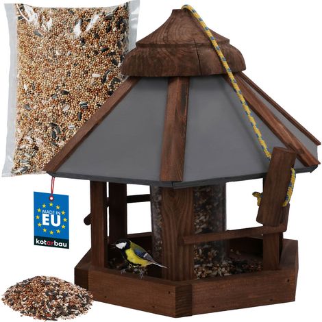 KOTARBAU® Hängendes Vogelfutterhaus mit Spender für Balkon und Garten, sechseckig, Holz, 310 x 285 mm + 0,5 kg Futter
