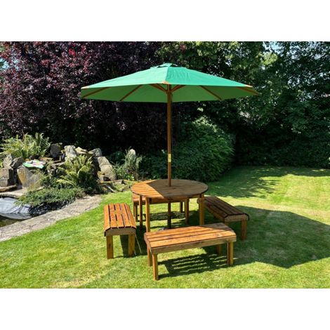 Knights Eight Seater Garden Furniture Round Table Set - L230 x W230 x H80 cm - Green Parasol Included - Fully Assembled
