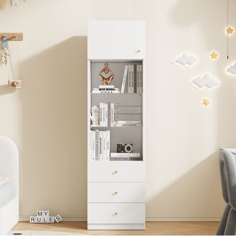 Vitrine, Hochschrank, Aufbewahrungsschrank, Bücherregal, mit offenem Stauraum, mit Schubladen, höhenverstellbare Glasböden, Weiß, 50×40×180 cm (1/5)