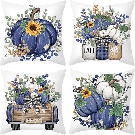Fundas de cojín otoñales, 45x45 cm, juego de 4, estampado de calabazas, estilo rústico. Fundas de cojín decorativas blancas y azules. (1/5)