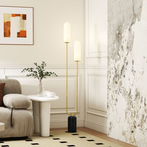Lampadaire sur pied de salon lampe sur pied avec 2 abat-jours en verre, base en marbre et interrupteur à pied, blanc (1/5)