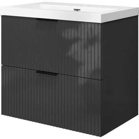 Meuble de salle de bain suspendu 60 cm, 2 tiroirs, avec vasque blanche,MDF anthracite brillant