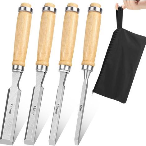 4-teiliges Holzbeitel-Set – Holzbearbeitungsset – Klingen aus gehärtetem Kohlenstoffstahl – Ergonomischer Holzgriff – Zum Schnitzen und für Holzverbindungen – Natur und Schwarz – 6 x 12 x 19 x 24 mm (1/5)